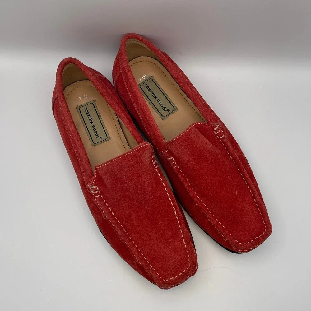Scandia Woods Red Suede‎ Loafer Driving Moccasin Shoes Men Size 7 Wide EUC